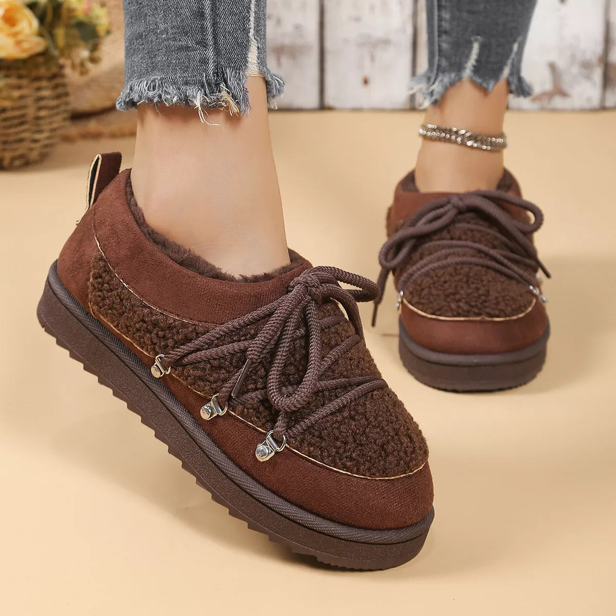 Lace Up Round Toe Platform Ankle Boots top down view