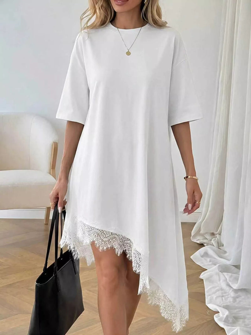 Lace trim asymmetrical hem tee dress front view