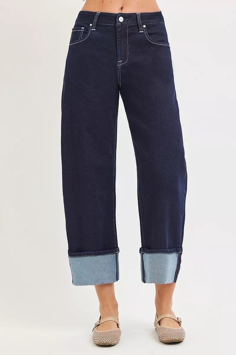 RISEN dark blue denim barrel jeans fabric texture detail
