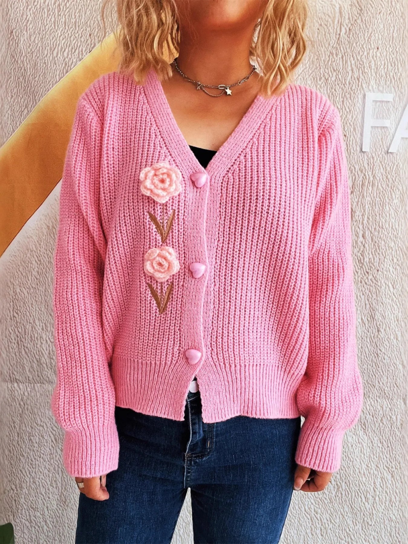 Flower V-Neck Button Up Cardigan - Fashorio