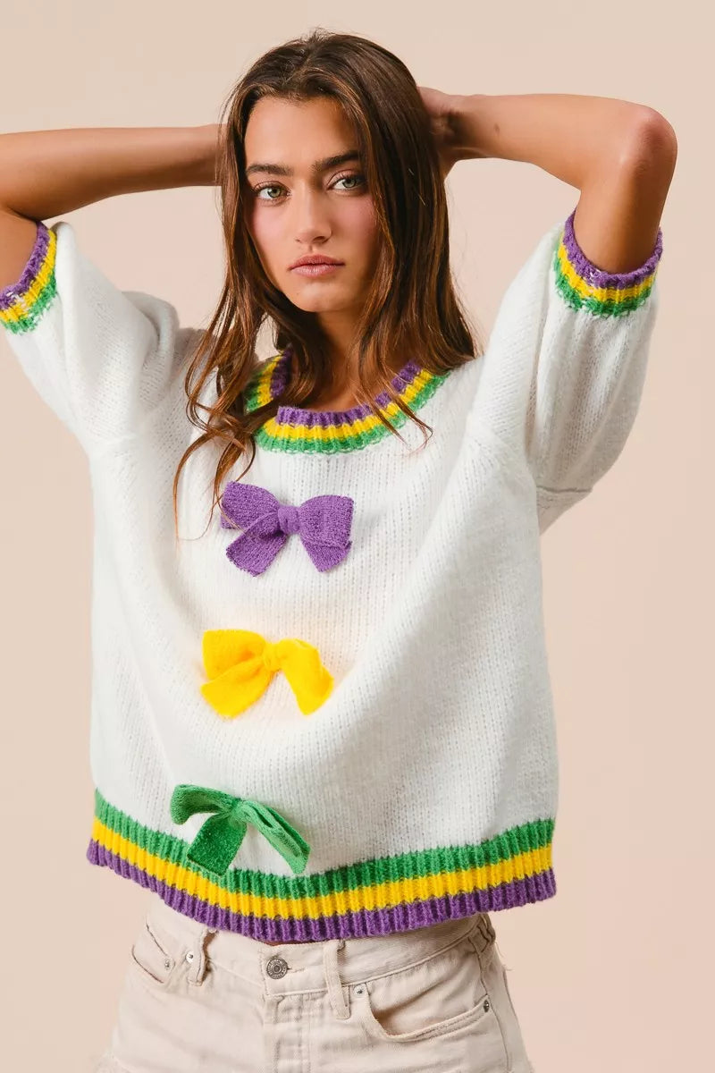 Puff Sleeve Ribbon Bow Sweater in Ivory back view