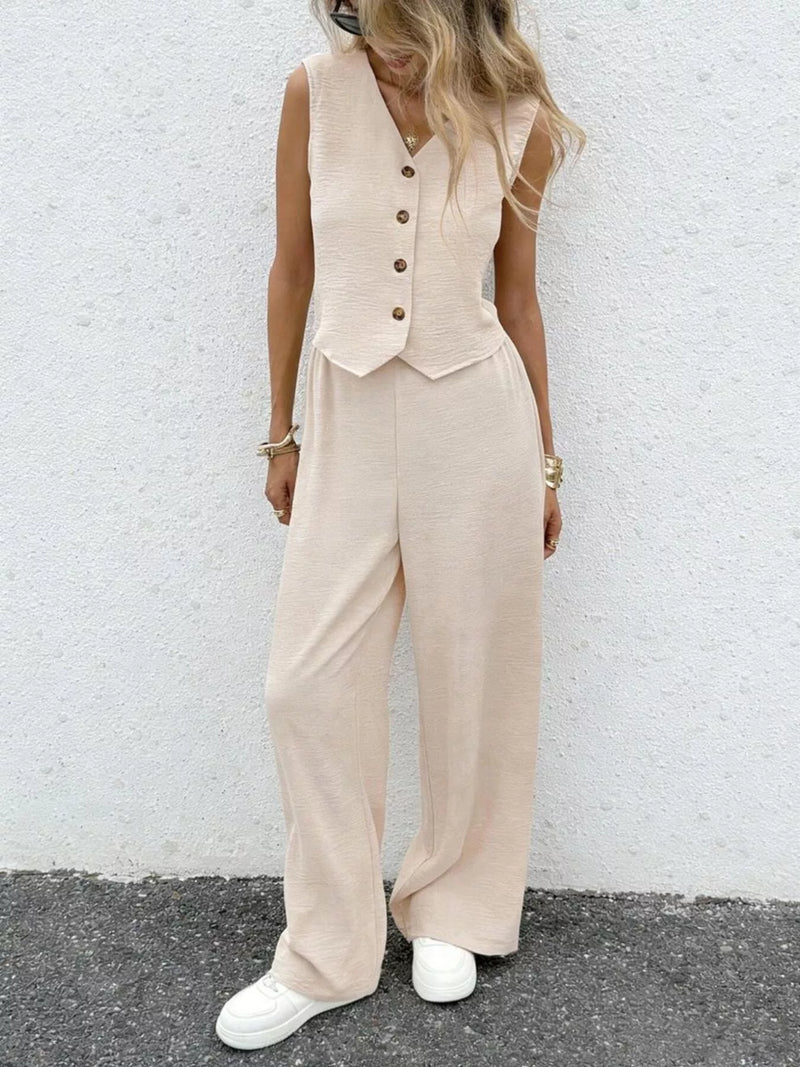 Button up vest and wide leg pants set front