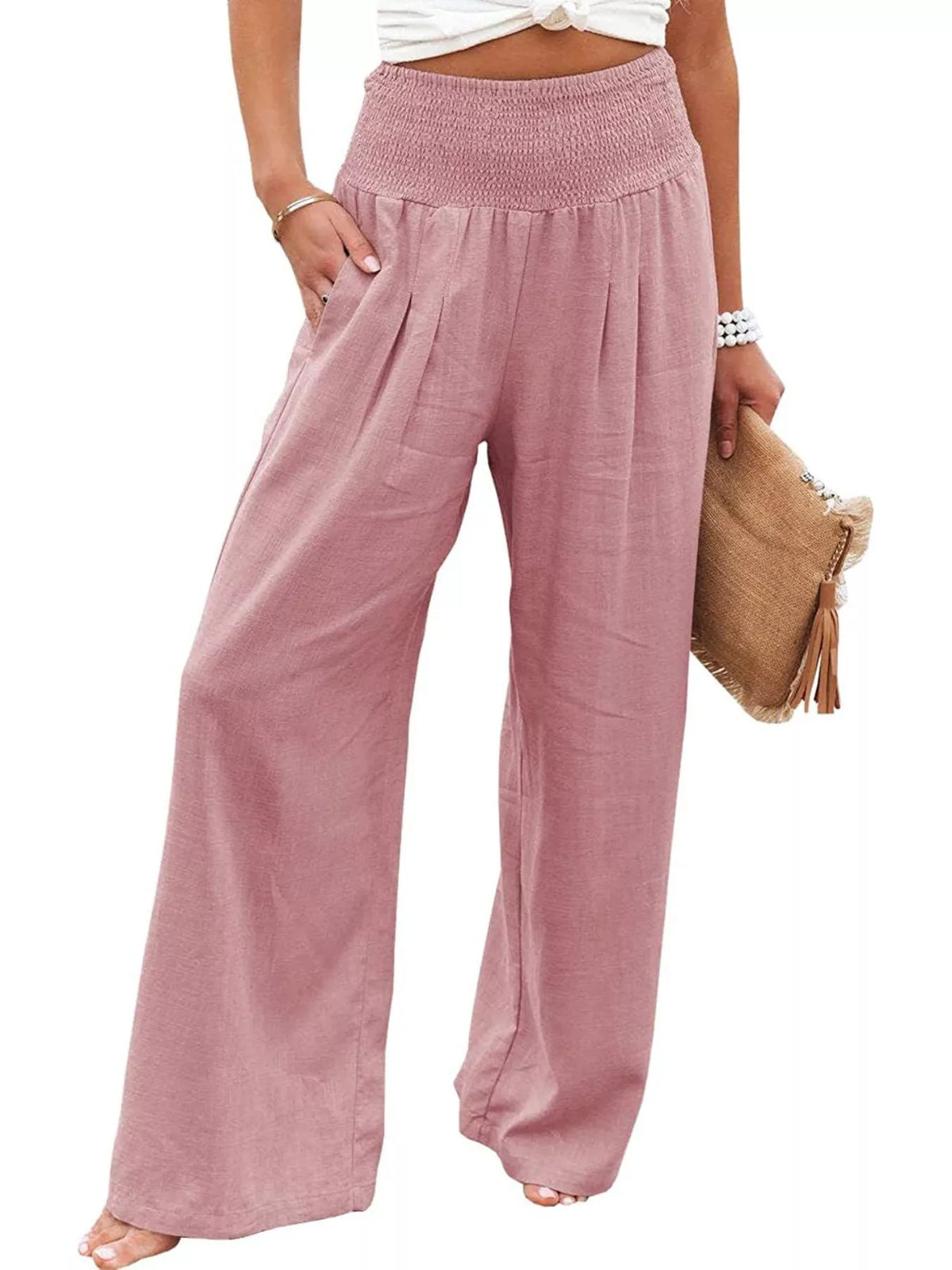 Smocked high waisted wide leg pants styled outfit view