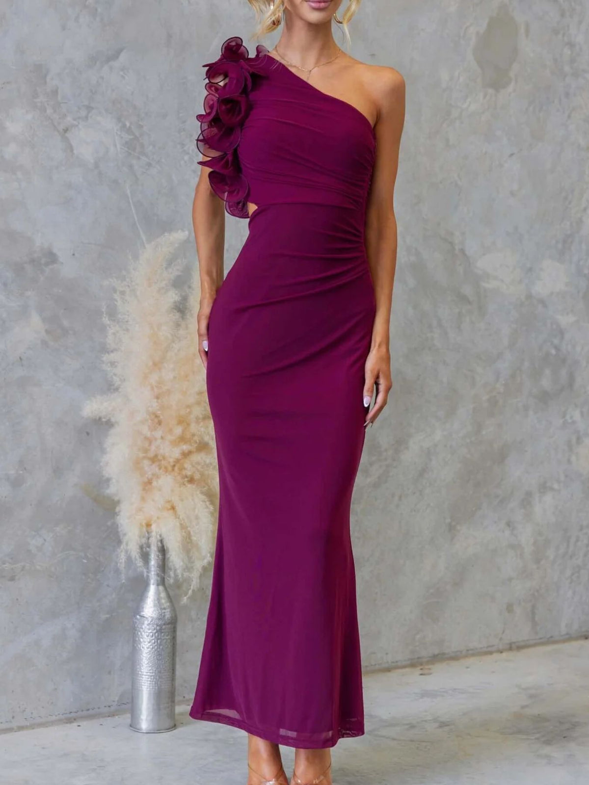One shoulder floral trim sleeveless maxi dress close up of the neckline