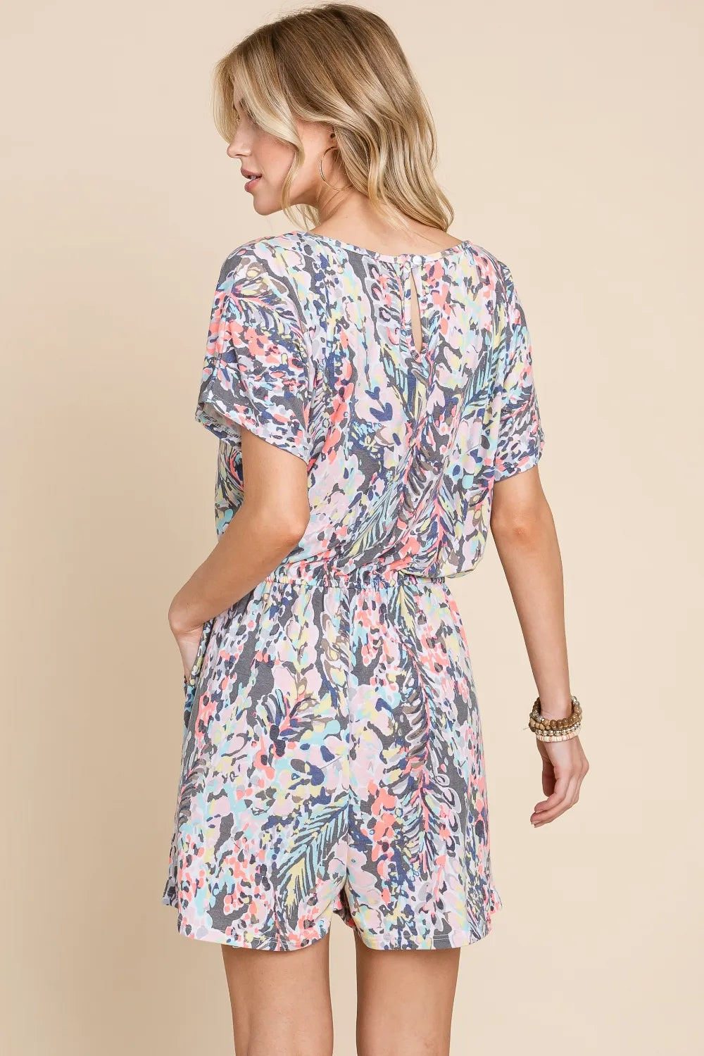 Printed Short Sleeve Drawstring Romper back view