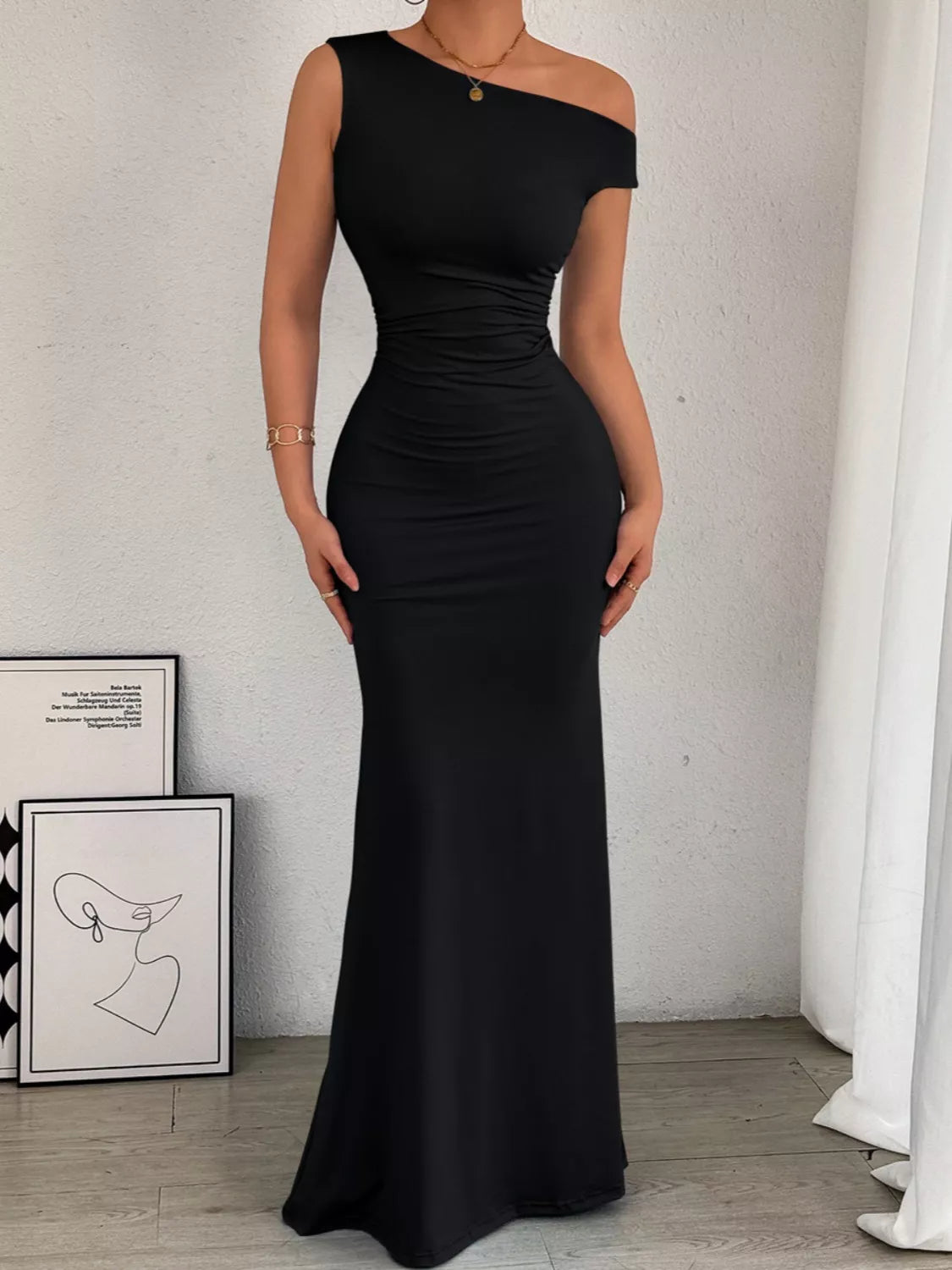 One shoulder ruched dress side view