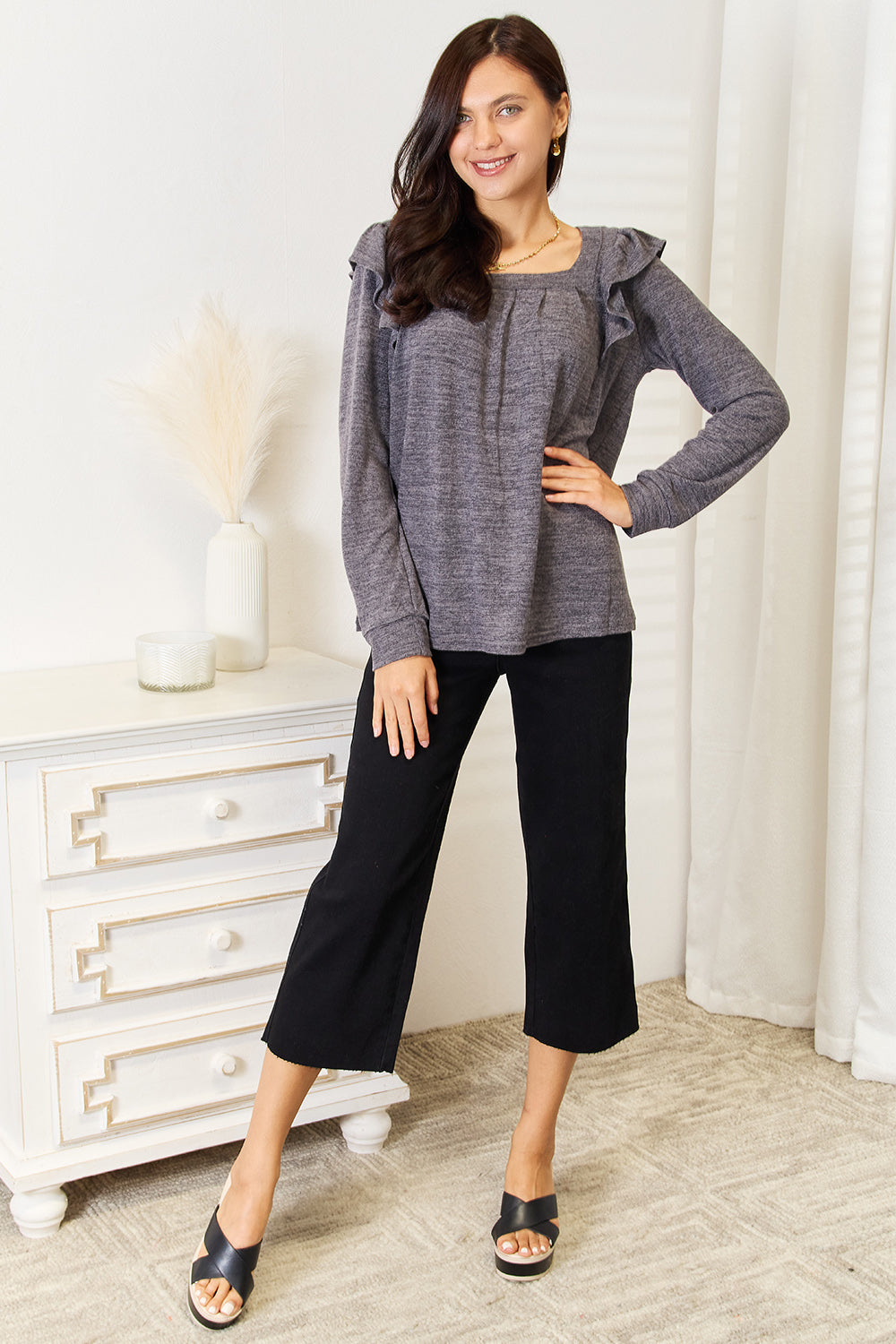 Double Take Square Neck Ruffle Shoulder Long Sleeve T-Shirt - Fashorio