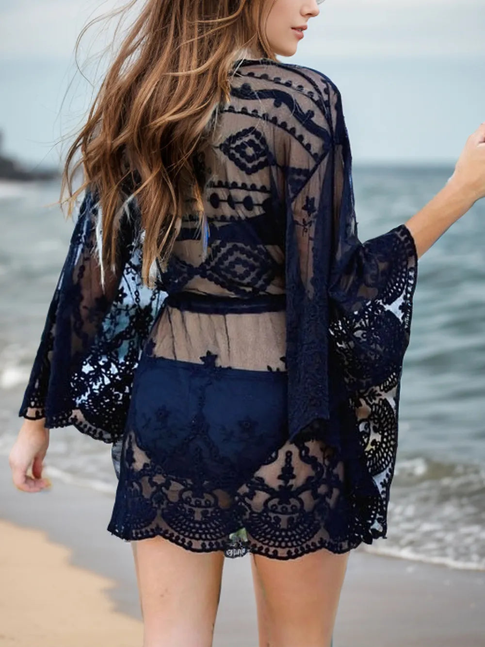 Three quarter sleeve lace cover up side view