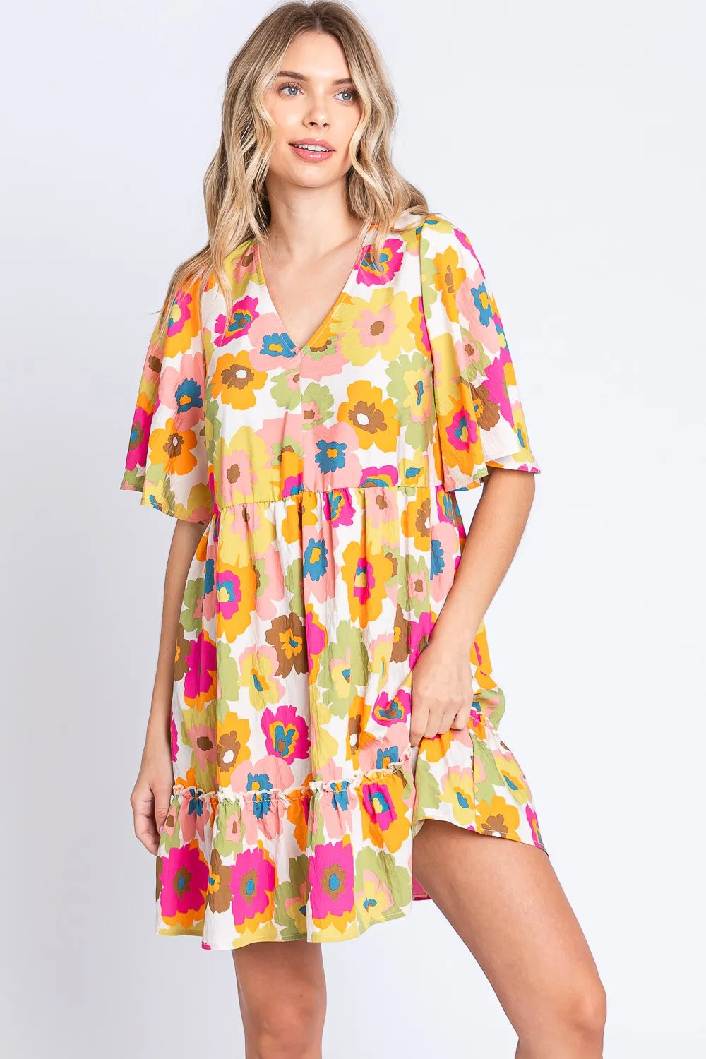 Floral V Neck Ruffle Hem Mini Dress