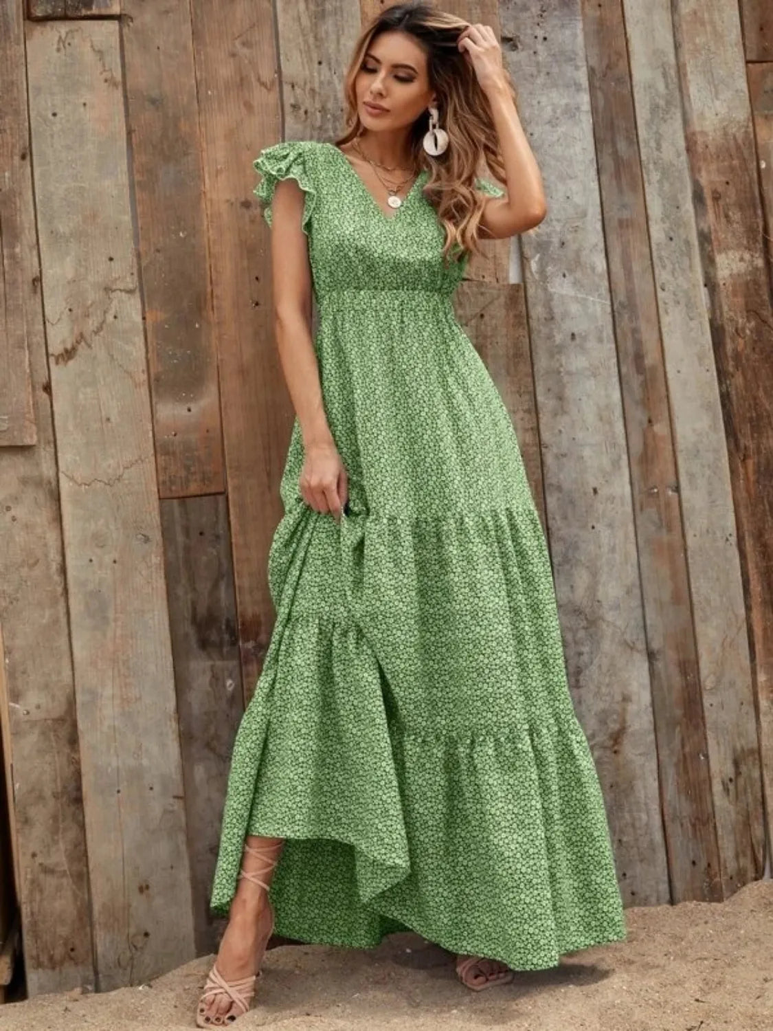 Printed V neck ruffle cap sleeve maxi dress back view