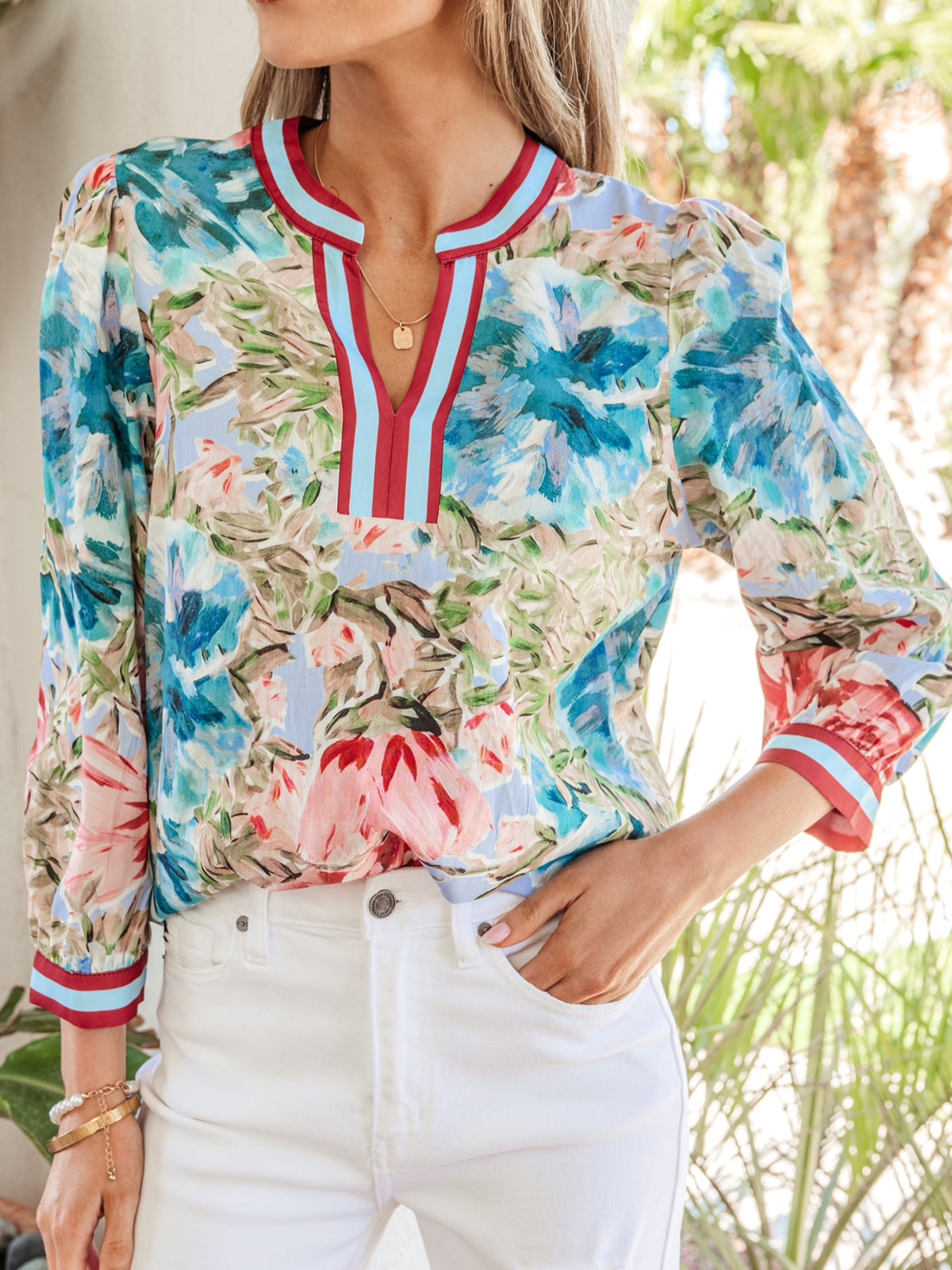 Contrast Trim V Neck Cuffed Bracelet Sleeve Floral Blouse back view