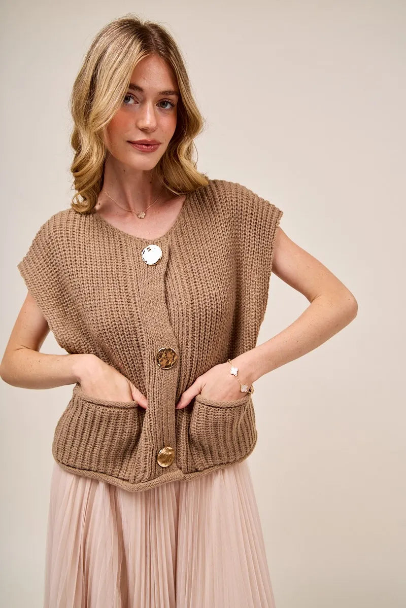 SO ME Big Metal Button Front Sweater Vest - Fashorio
