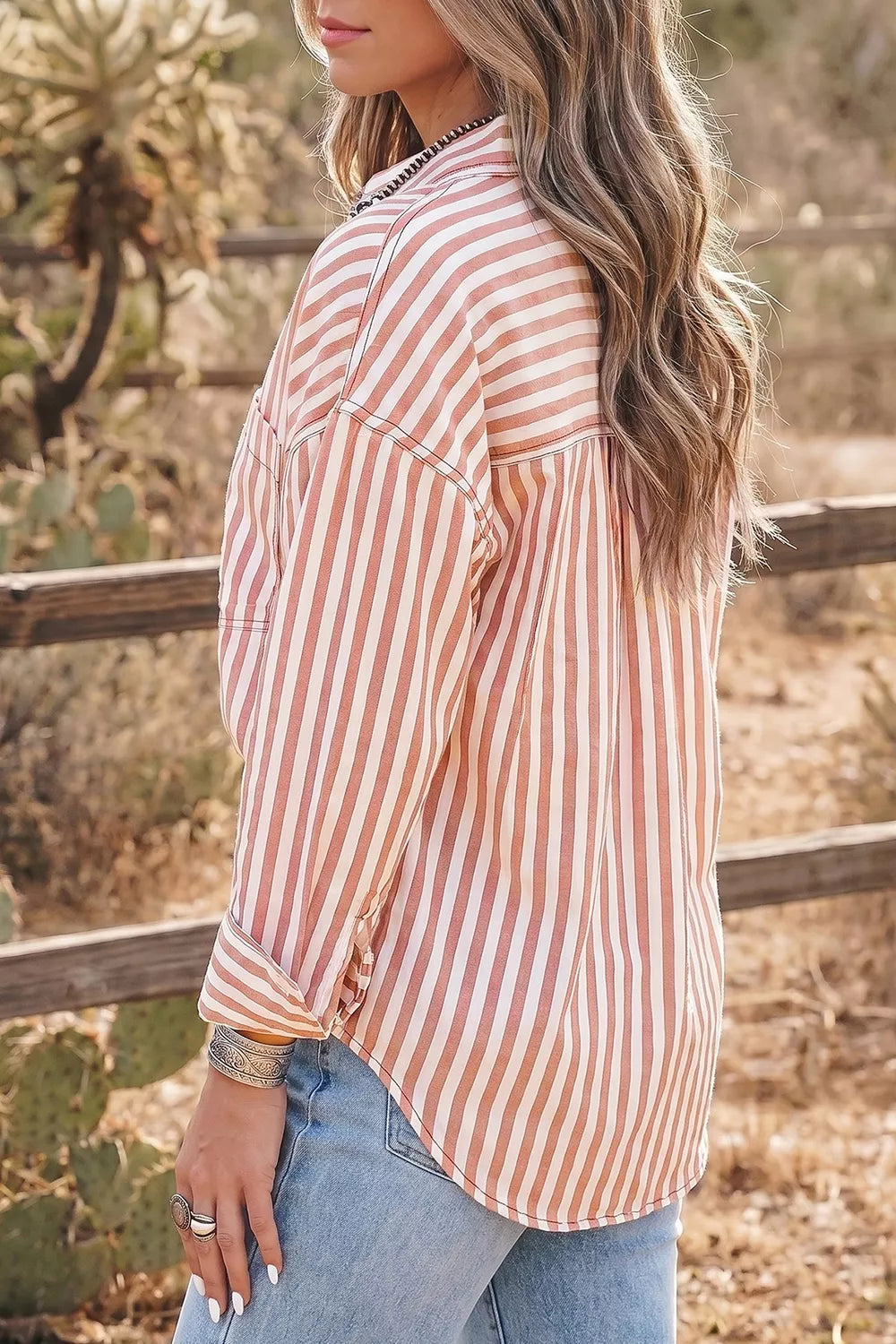 Front view of the striped western shirt buttoned through