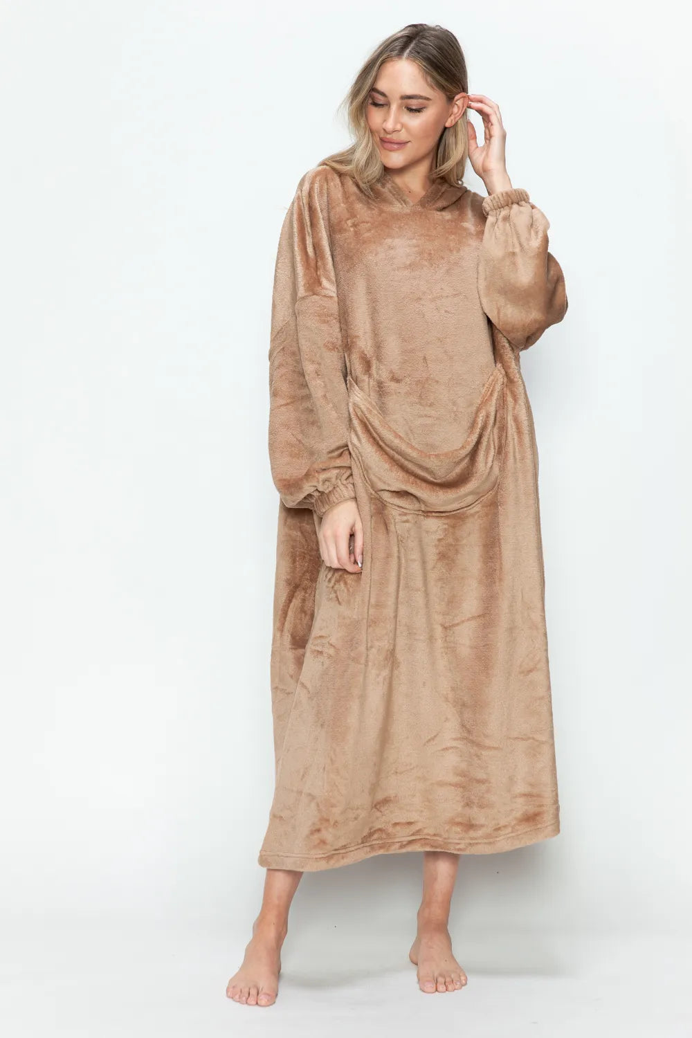 Double Take Full Size Pocketed Hooded Midi Lounge Dress - Fashorio