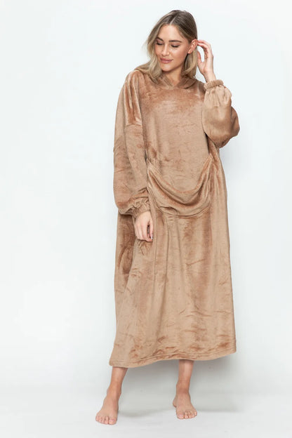 Double Take Full Size Pocketed Hooded Midi Lounge Dress - Fashorio