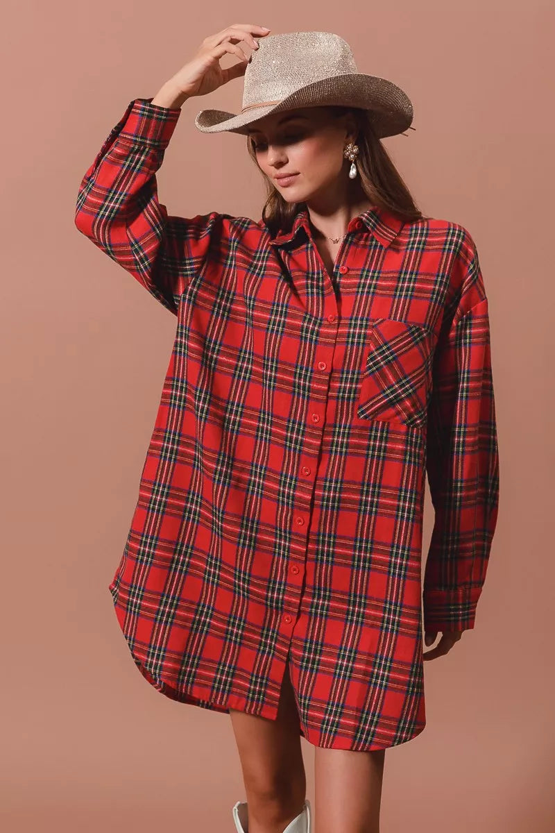 Checker Plaid Button Up Shirt Dress in Red