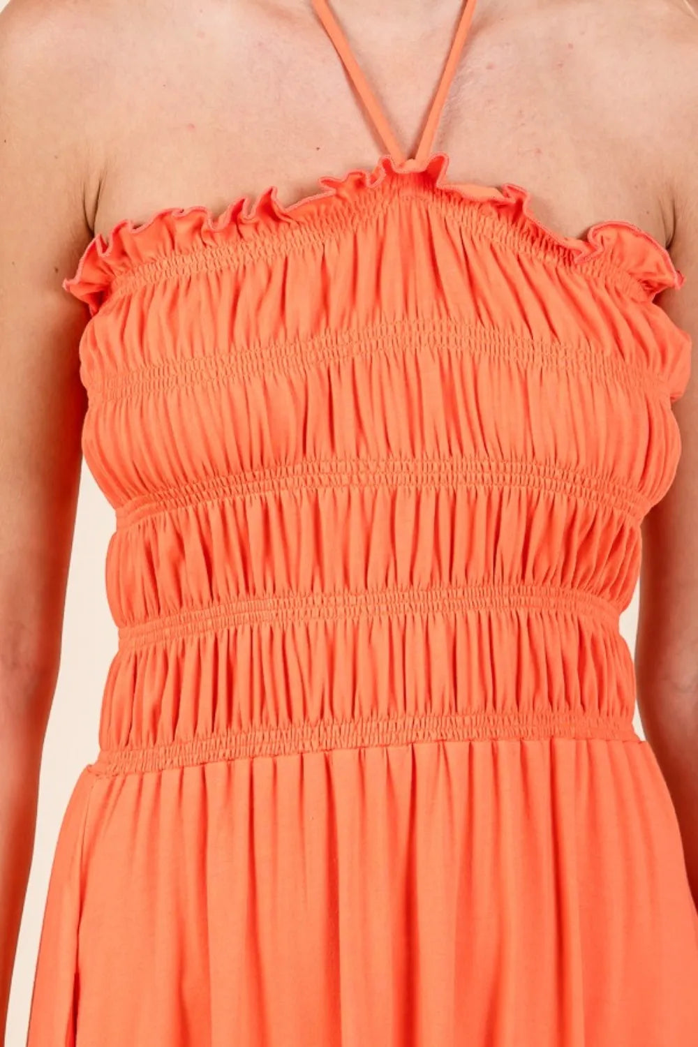 Tie Back Shirred Dress with Pockets in Coral styled look