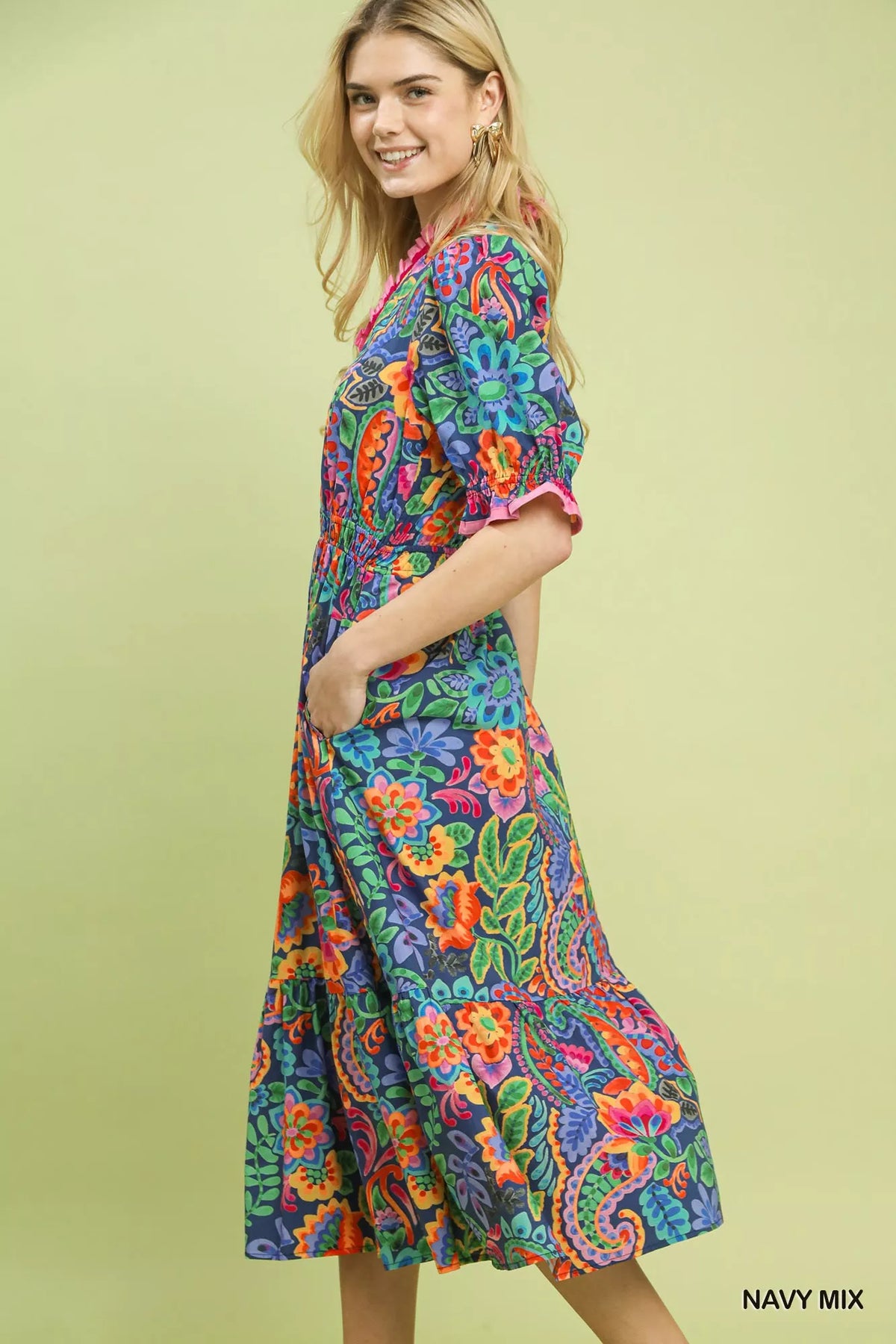 Floral ruffle trim midi dress shown from the front full length