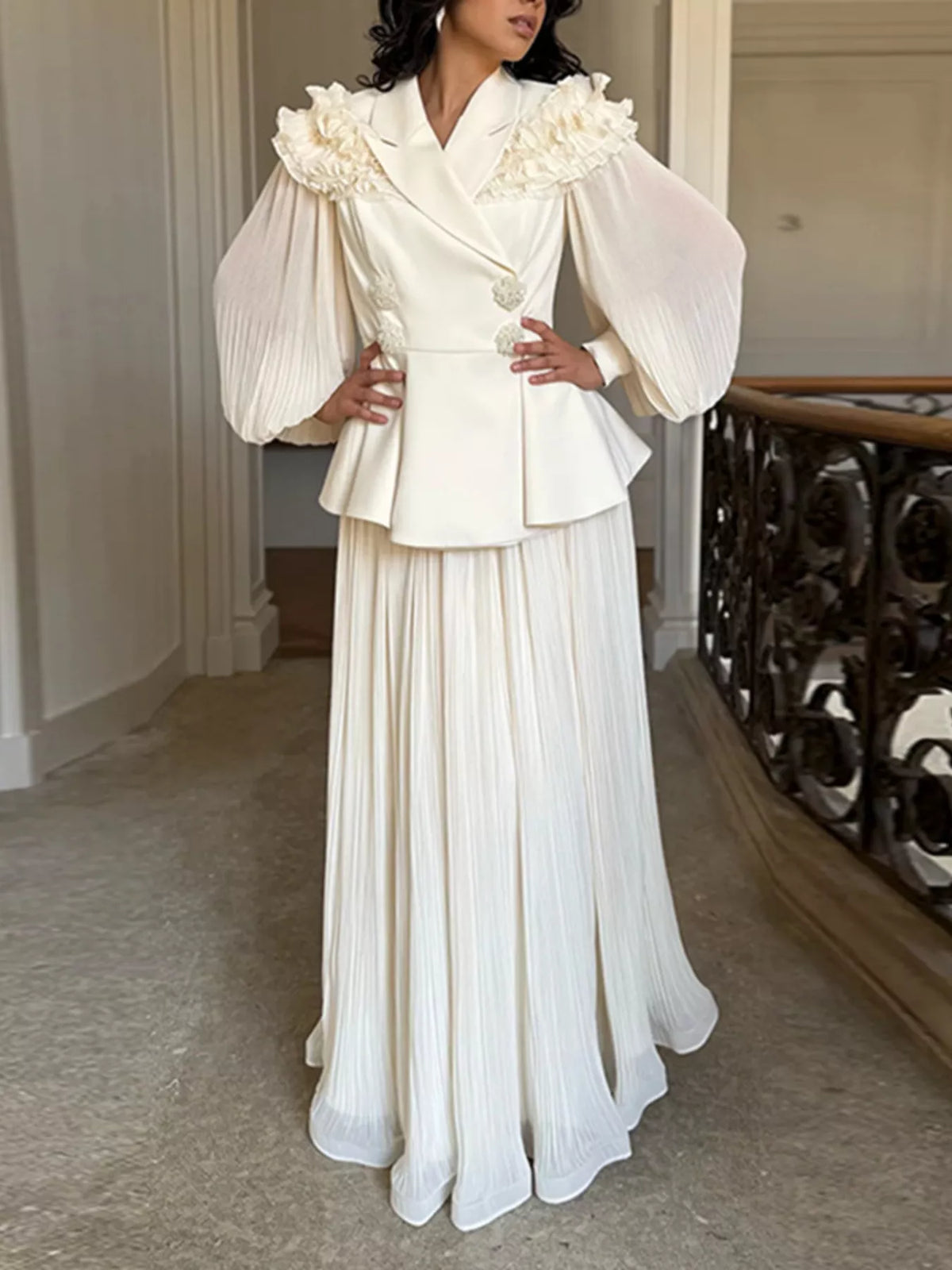 Frill Lapel Collar Top and Pleated Skirt Set, view 25