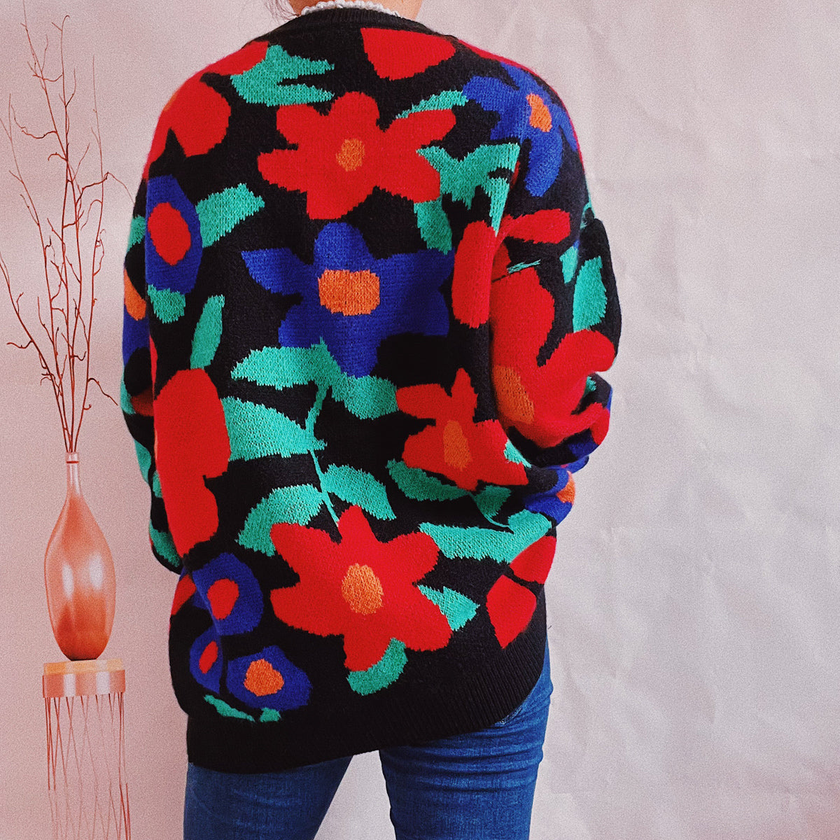 Floral Print Round Neck Drop Shoulder Sweater - Fashorio