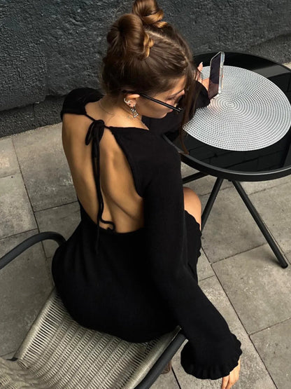 Long Sleeve Backless Sweater Dress - Fashorio