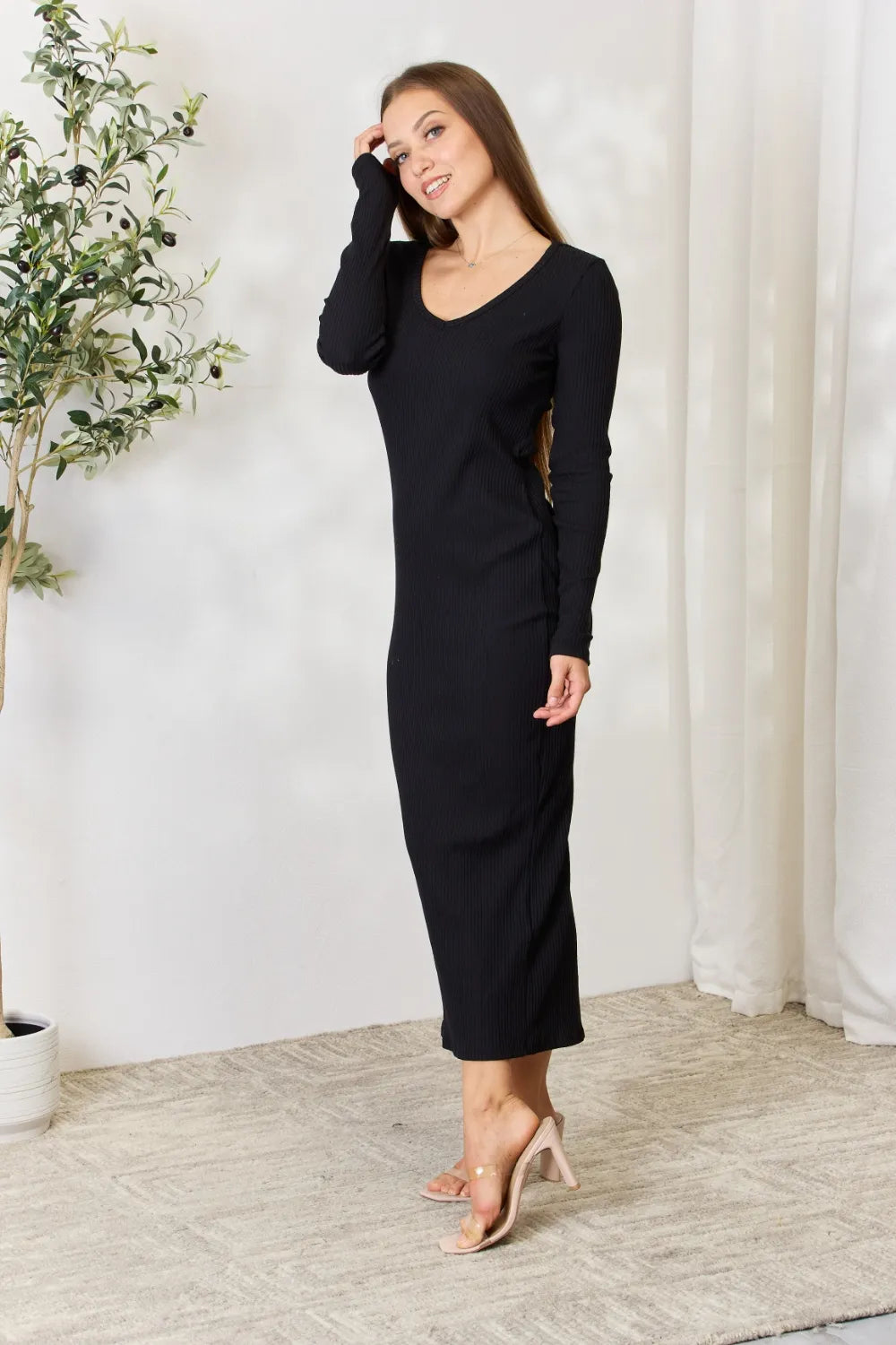 Ribbed Long Sleeve Midi Slit Dress close up