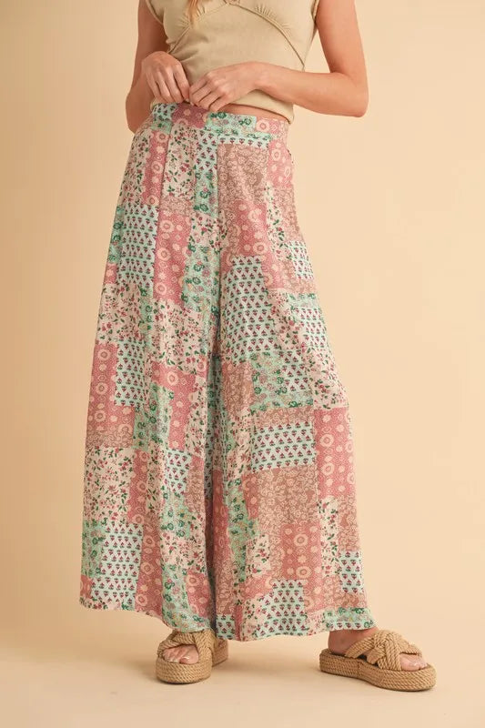 Printed wide leg pants side view on model