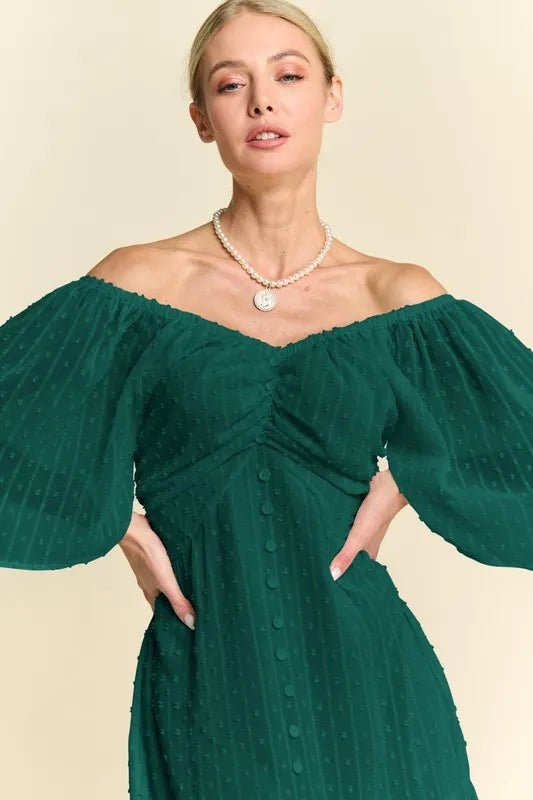 Swiss Dot Open Back Ruffle Midi Dress in Forest Green detail