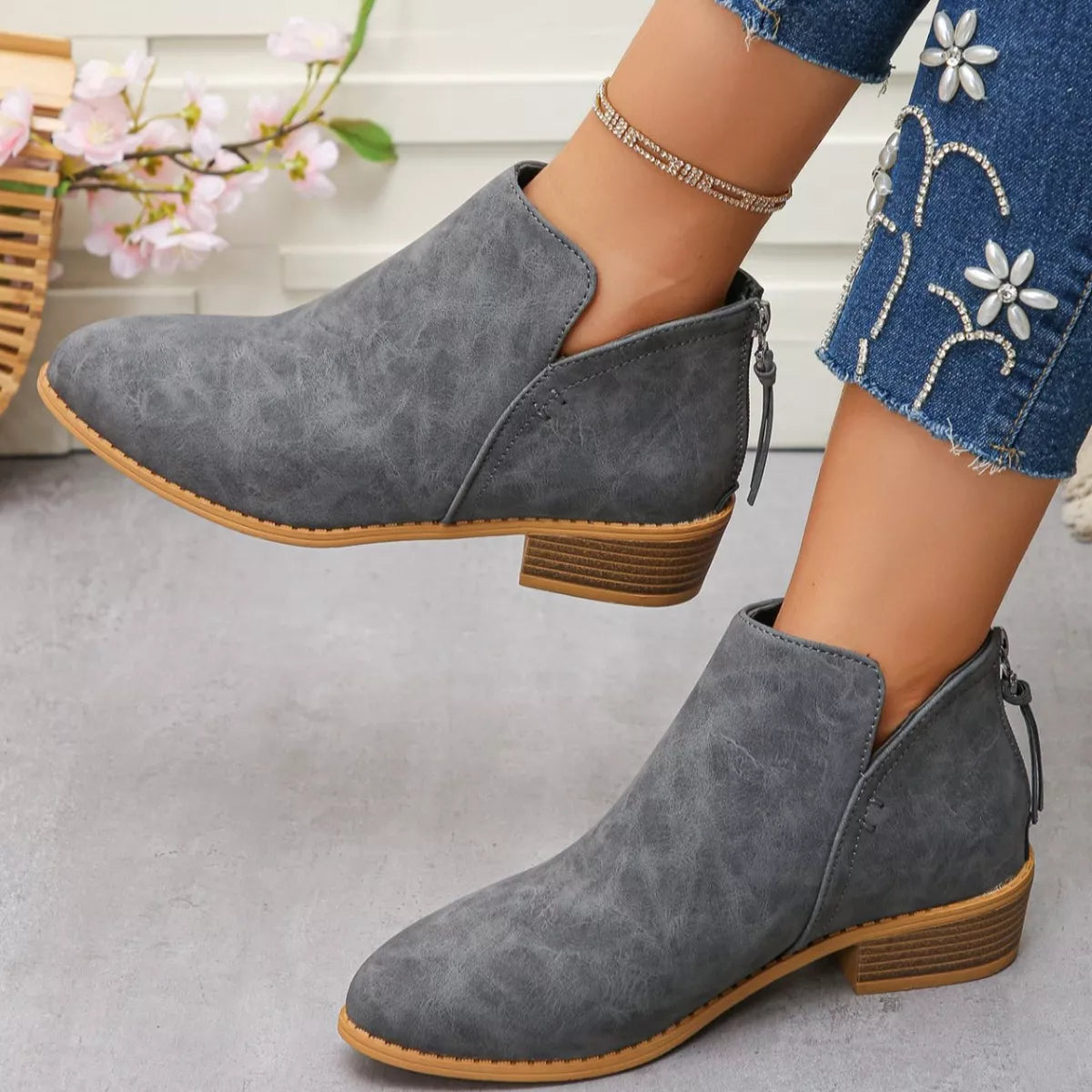 Point toe block heel ankle boots full length view