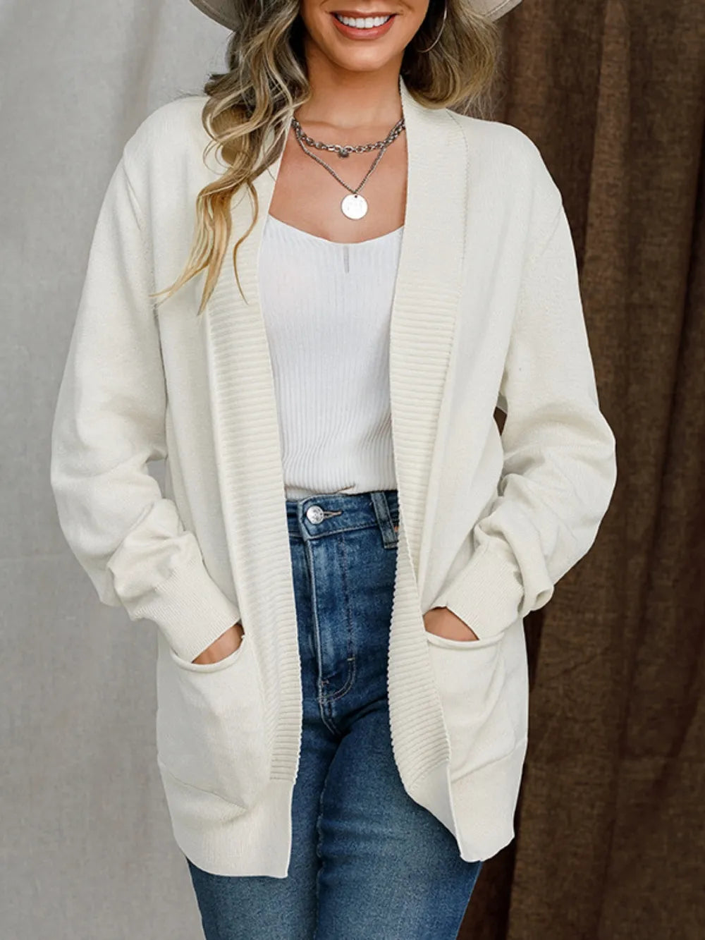 Open Front Long Sleeve Sweater Cardigan White - Fashorio