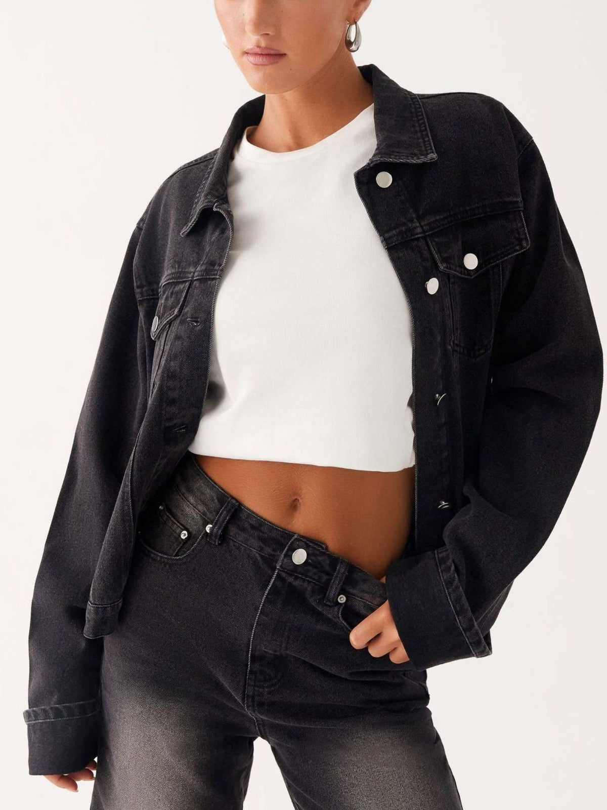 Cropped Oversized Denim Jacket in Dark Blue view 19