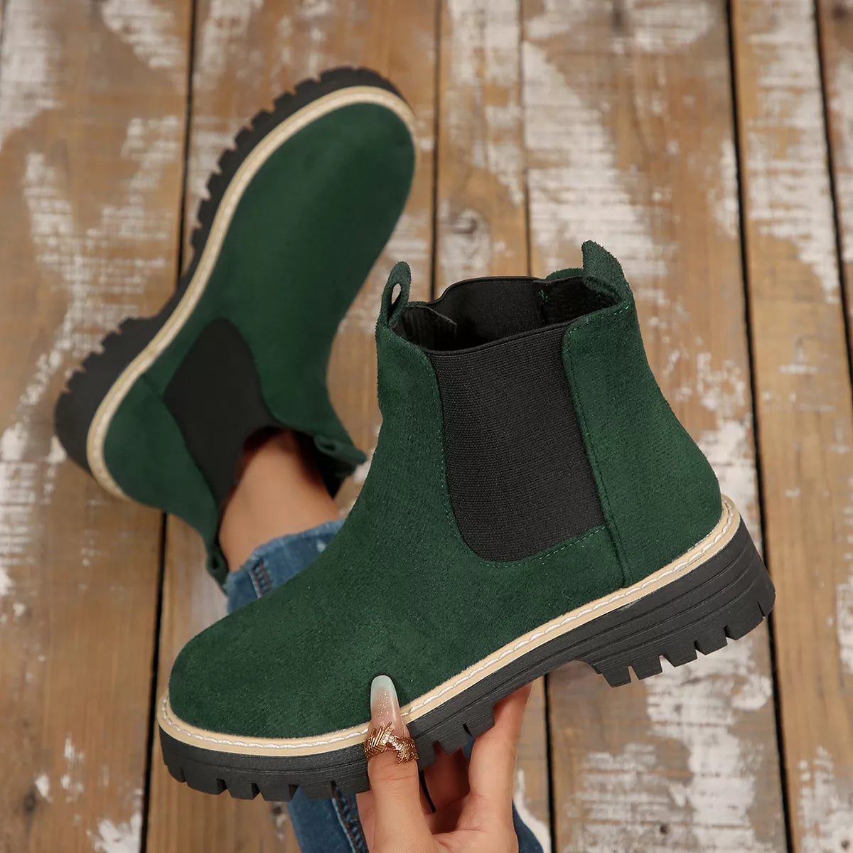 Suede round toe block heel boots outsole view