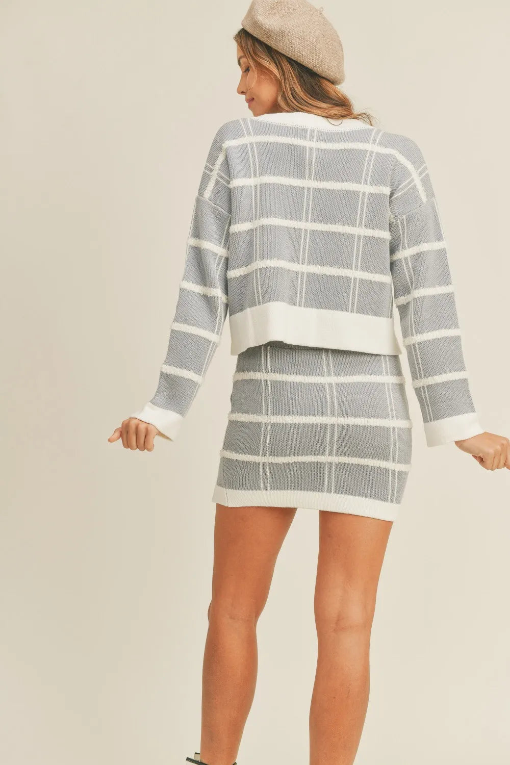 dusty blue plaid cardigan and mini skirt set side view