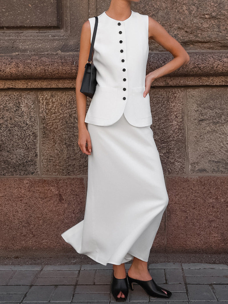 White button up vest and maxi skirt two piece set front view