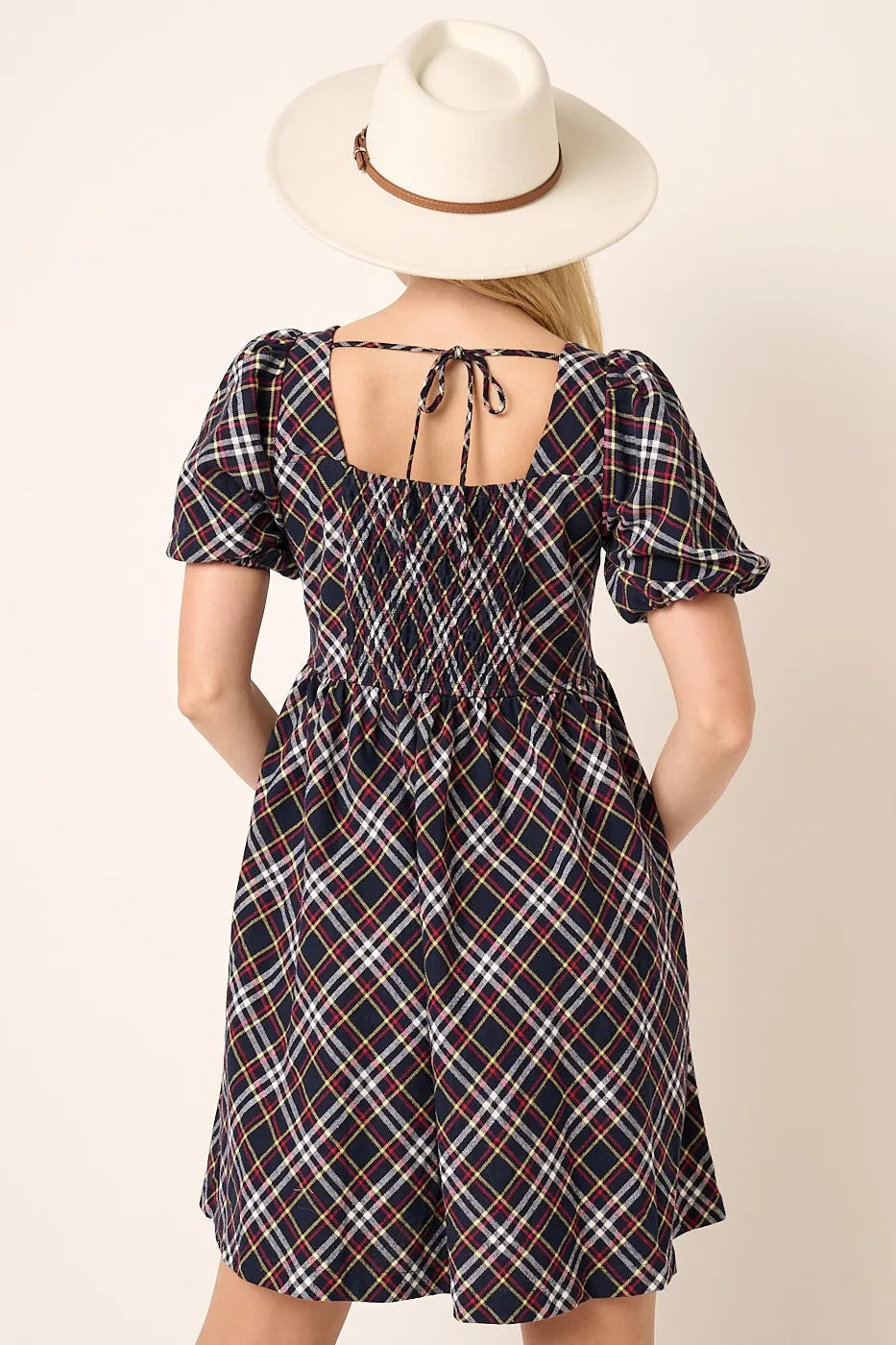 Checkered Print Puff Sleeve Babydoll Mini Dress side view