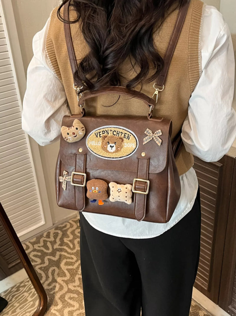 Brown bear decor leather mini backpack front view
