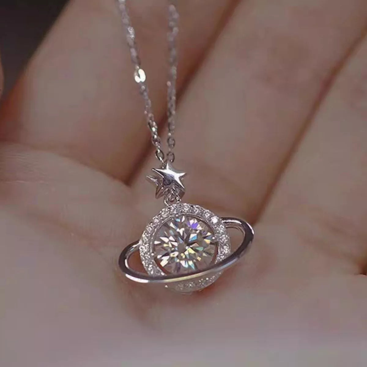 Planet pendant necklace worn on the collarbone