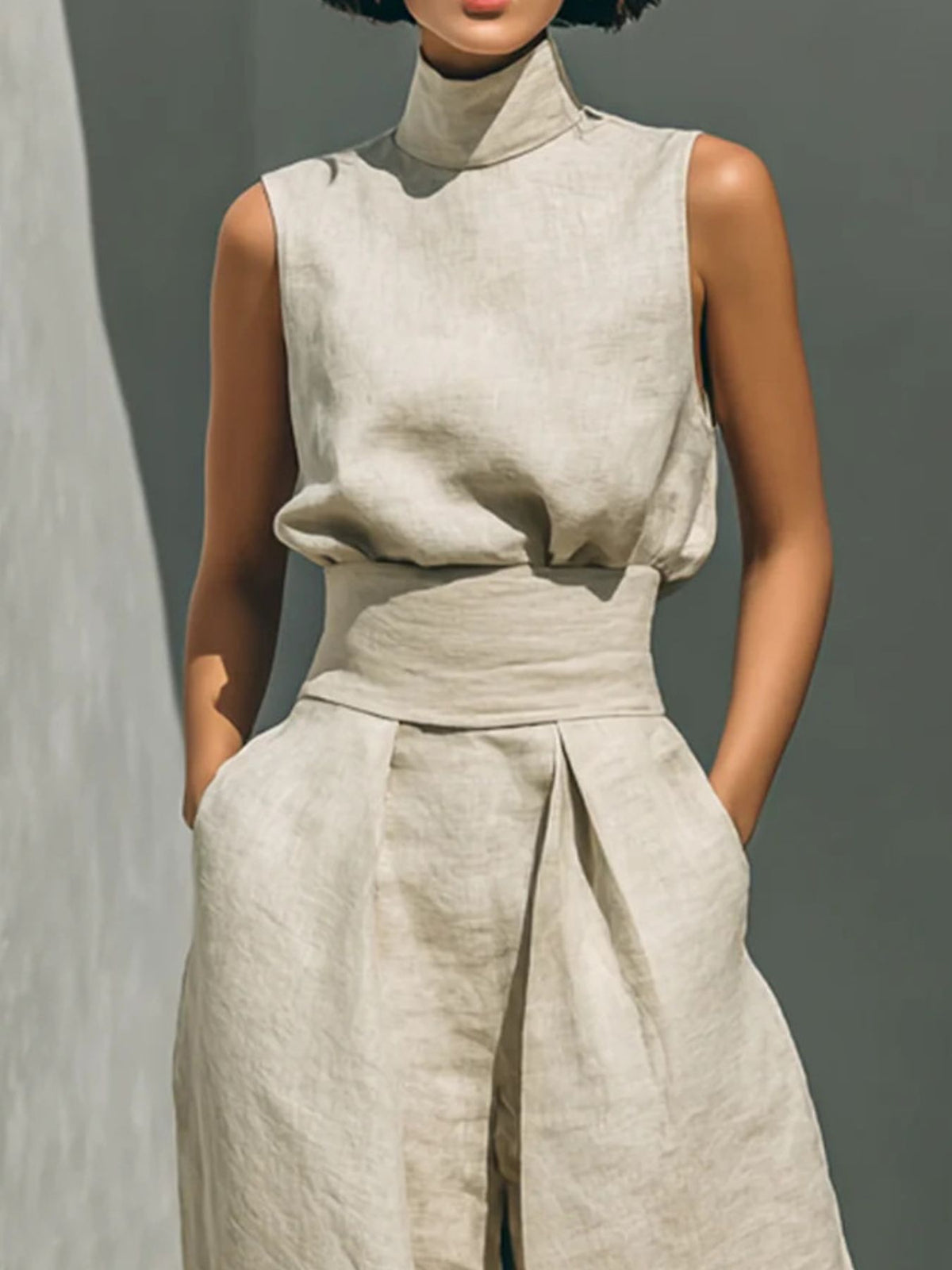 Sleeveless turtleneck top and pants set back view