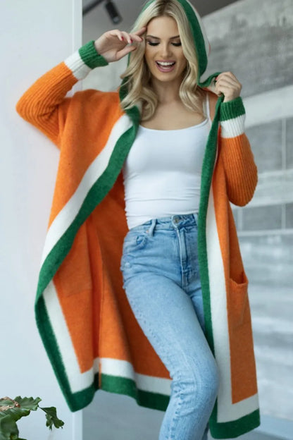 Pocketed Contrast Long Sleeve Hooded Cardigan - Fashorio