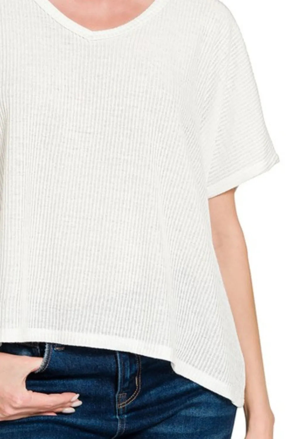 Zenana Ribbed V-Neck Short-Sleeve Knit Top - Fashorio