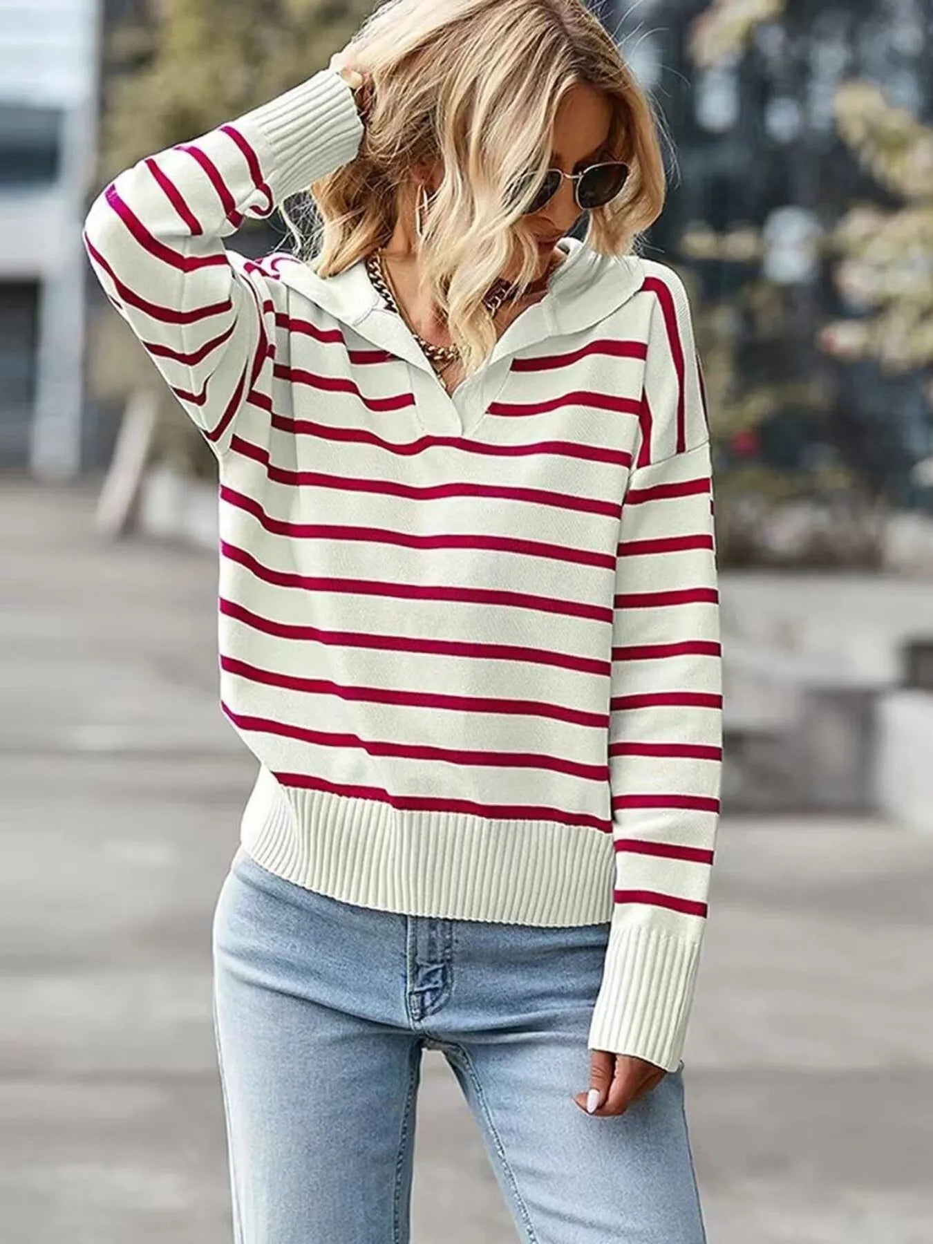Ribbed Hem Long Sleeve Striped Sweater Scarlet - Fashorio
