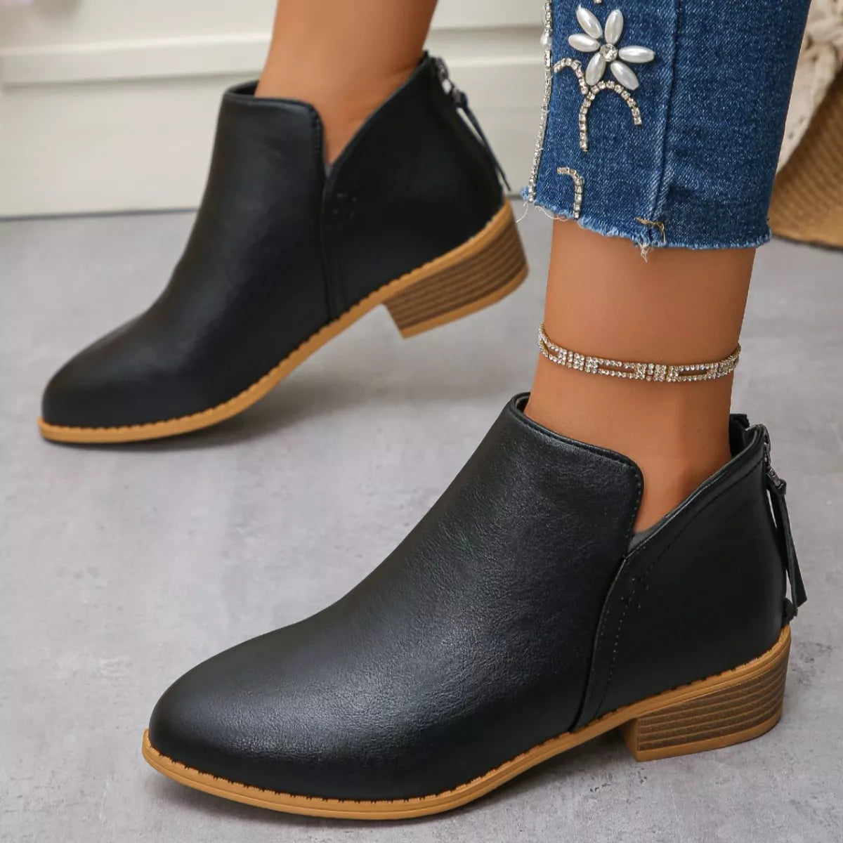 Point toe block heel ankle boots styled outfit