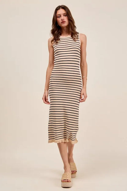 SO ME Stripe Sleeveless Sweater Knit Maxi Dress With Ruffled Hem OATMEAL BLACK - Fashorio