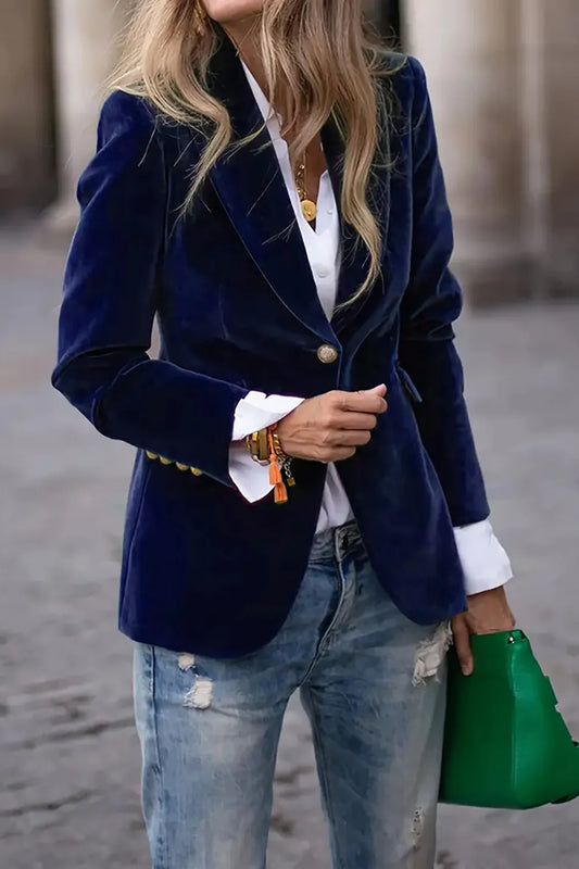 One Button Lapel Collar Long Sleeve Blazer Navy - Fashorio
