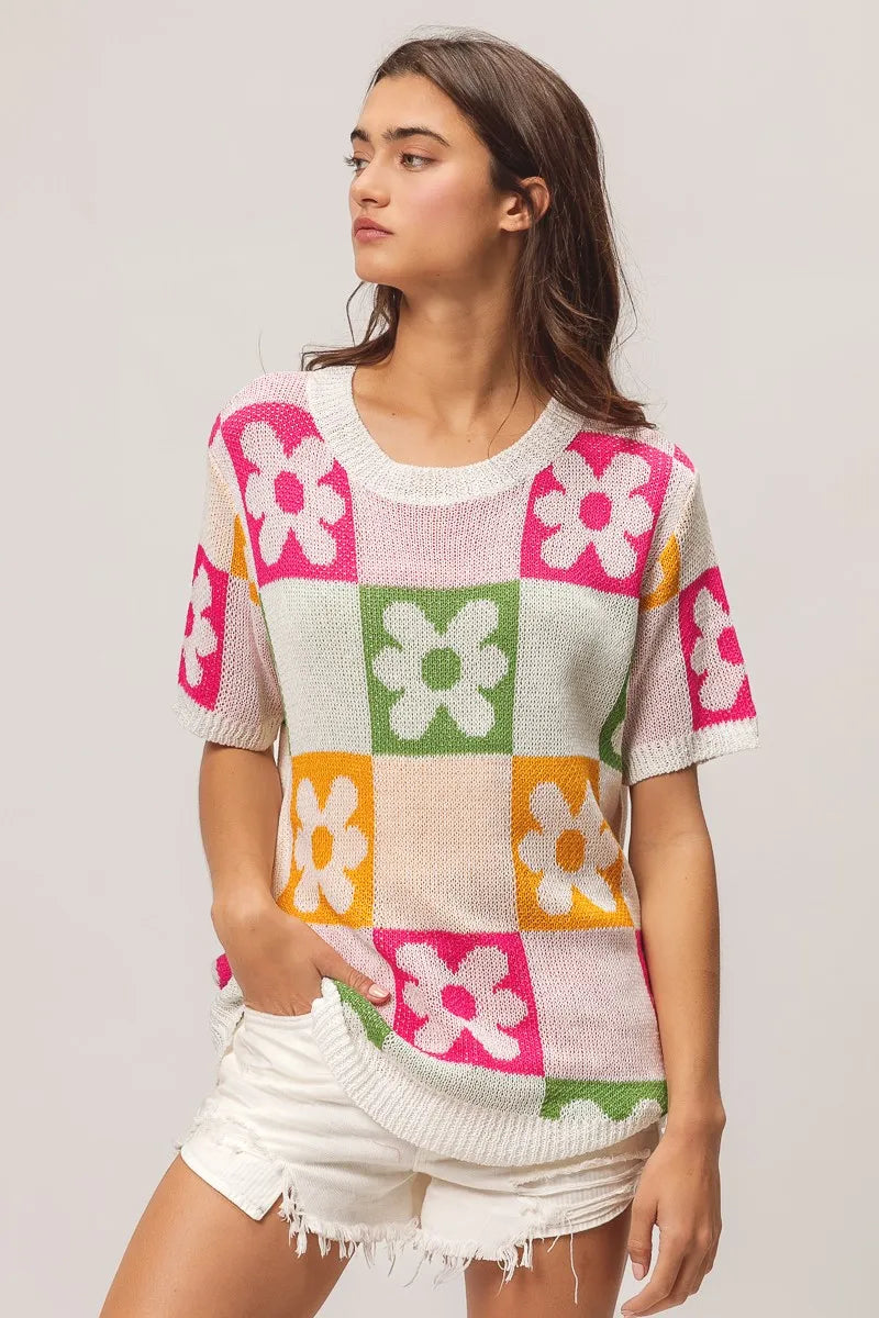 Floral Check Lightweight Sweater Top view 12