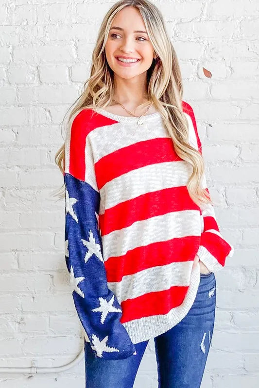 American Flag Long Sleeve Sweater in Red and Navy detail