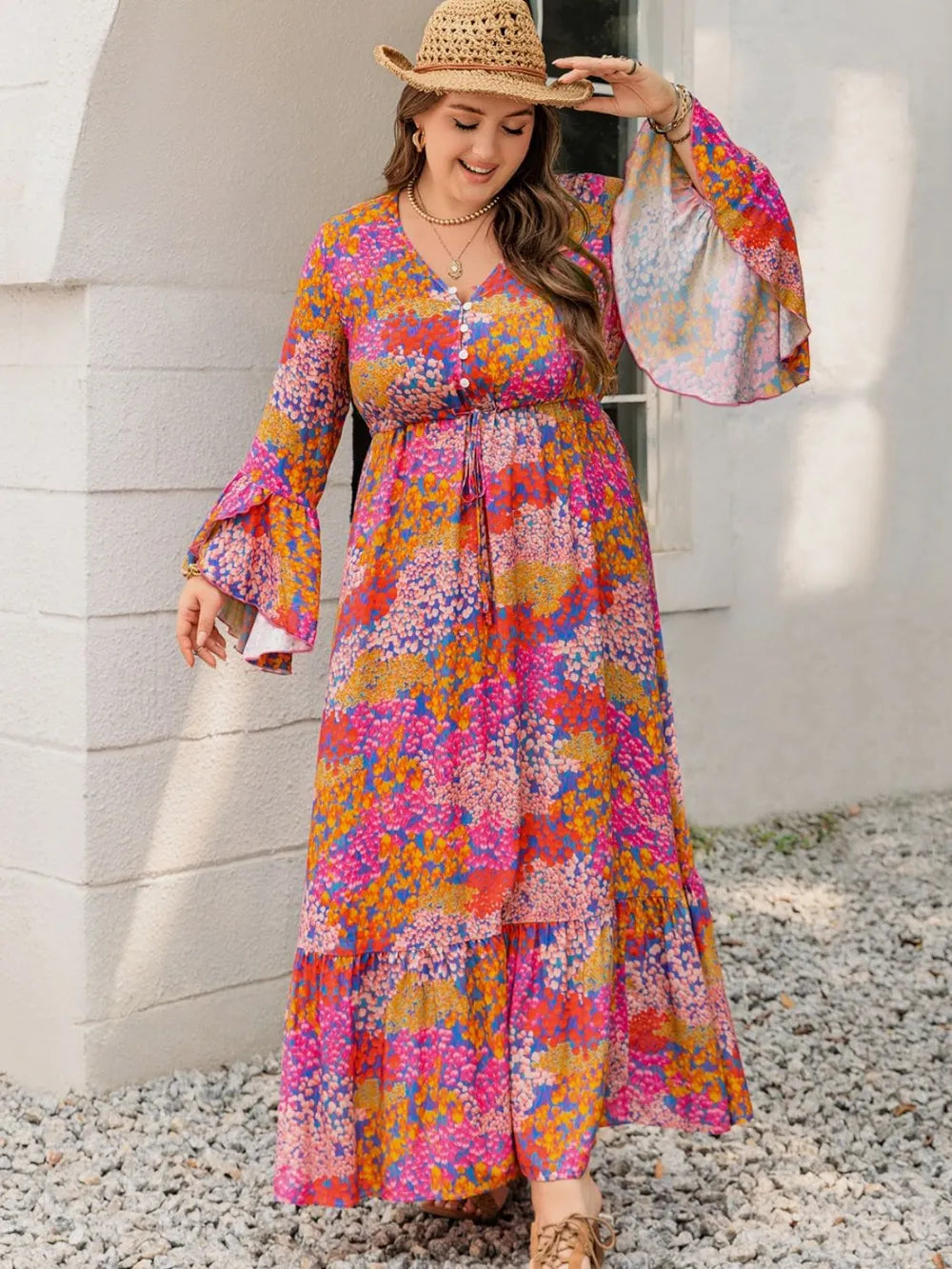 Printed V neck long sleeve maxi dress back view