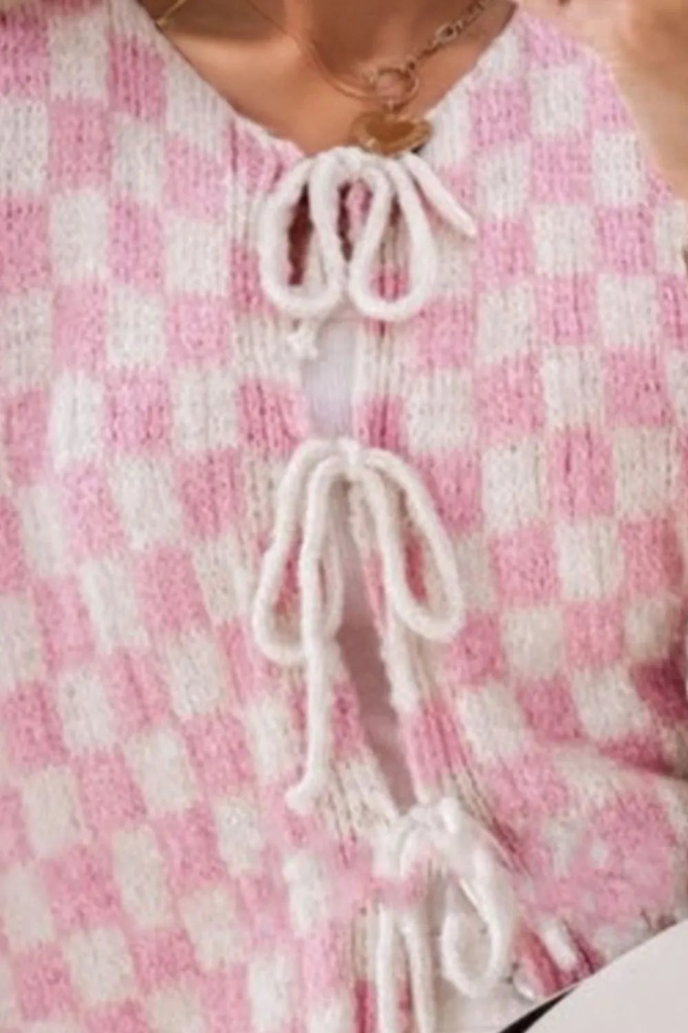 Double Take Tied Checkered Dropped Shoulder Flounce Sleeve Cardigan - Fashorio