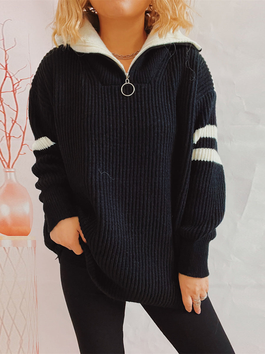 Ribbed Two-Tone Half Zip Sweater Black - Fashorio