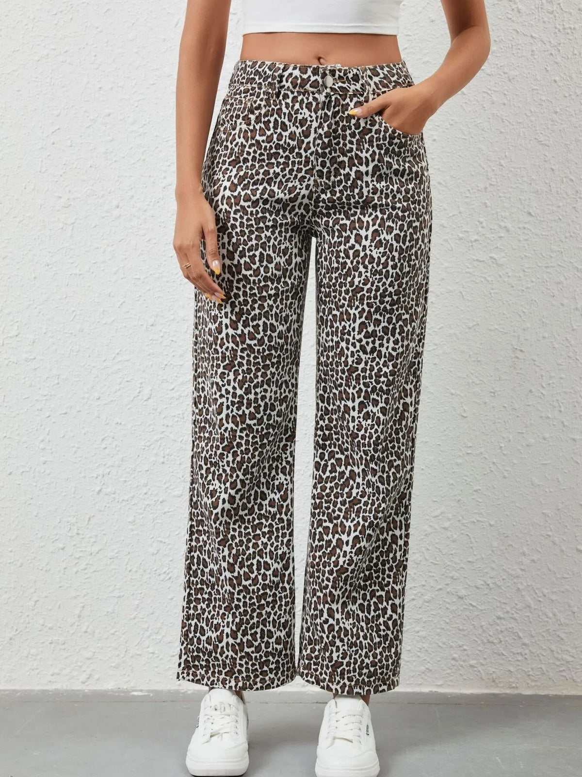 Leopard print wide leg jeans front view